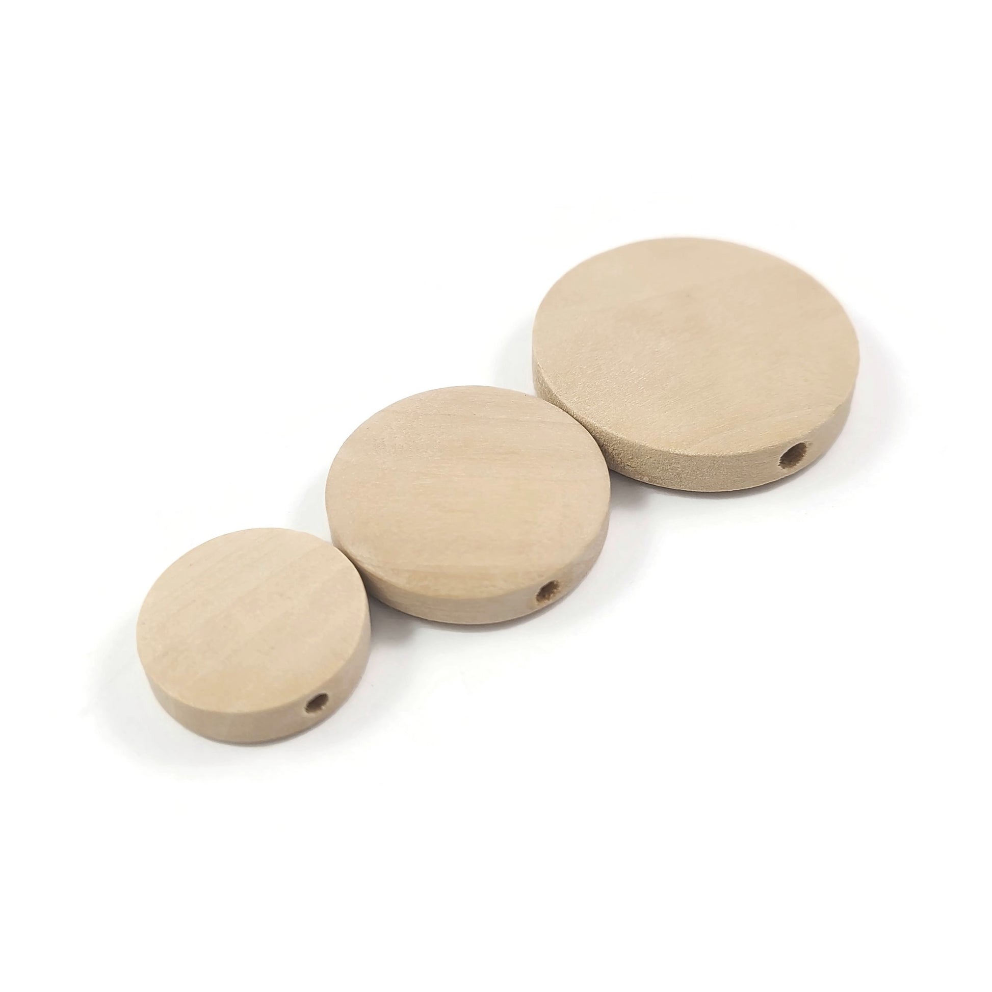 6 Flat wooden beads 15mm, 20mm or 25mm