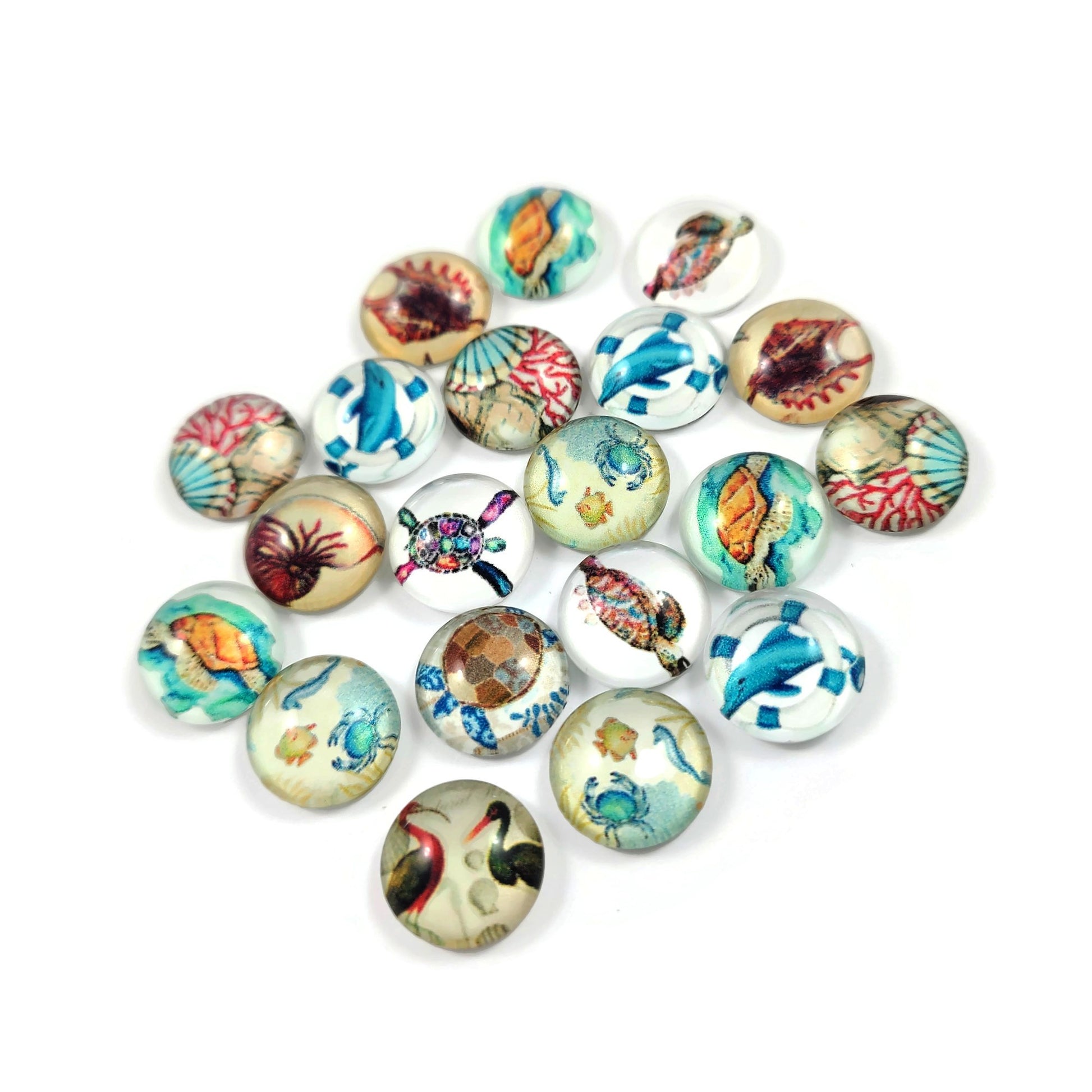 set of 20 mixed treasures of the sea glass cabochons, round dome cabochons