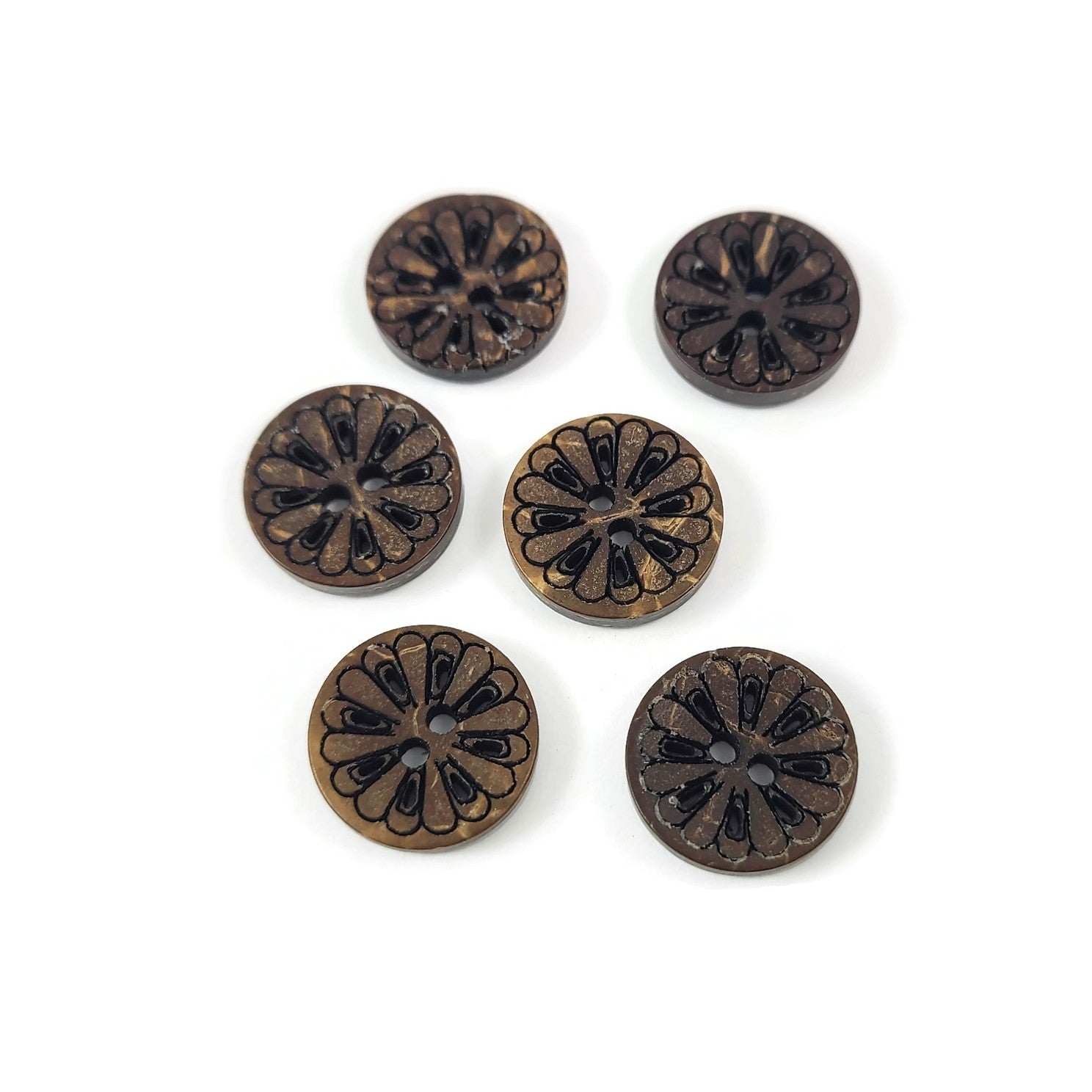 6 rustic carved flower coconut buttons 13mm