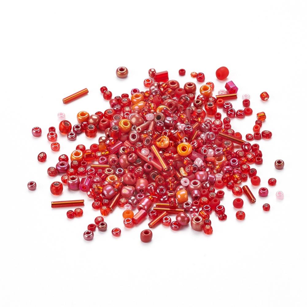 Red glass seed bead grab bag, Mixed shapes