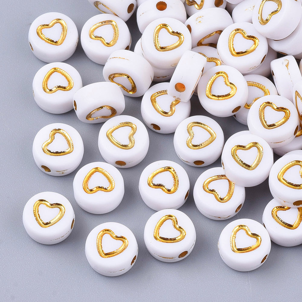 1 White and gold flat round letter bead