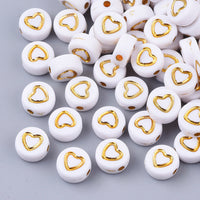 1 White and gold flat round letter bead