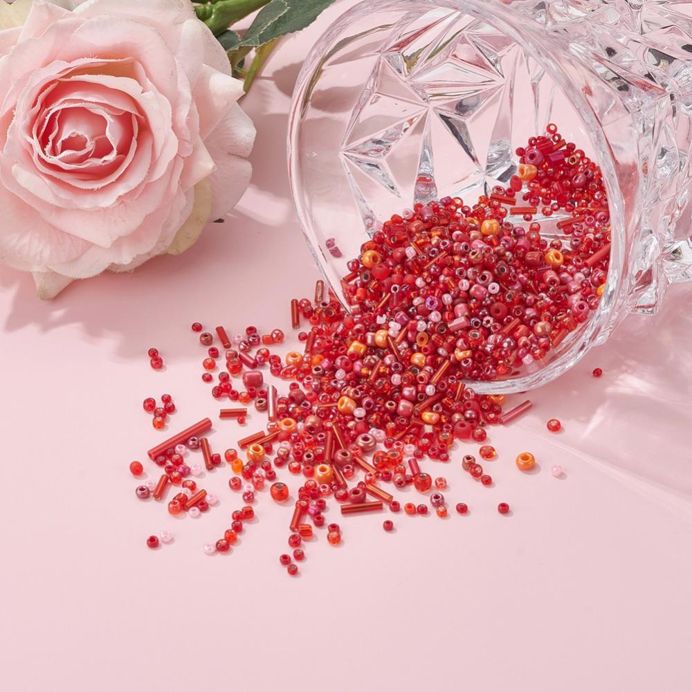 Red glass seed bead grab bag, Mixed shapes