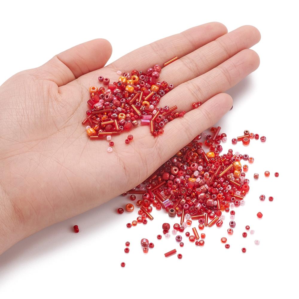 Red glass seed bead grab bag, Mixed shapes