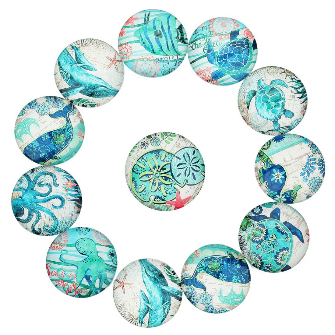 set of 20 mixed ocean wildlife glass cabochons 10, 12 or 14mm