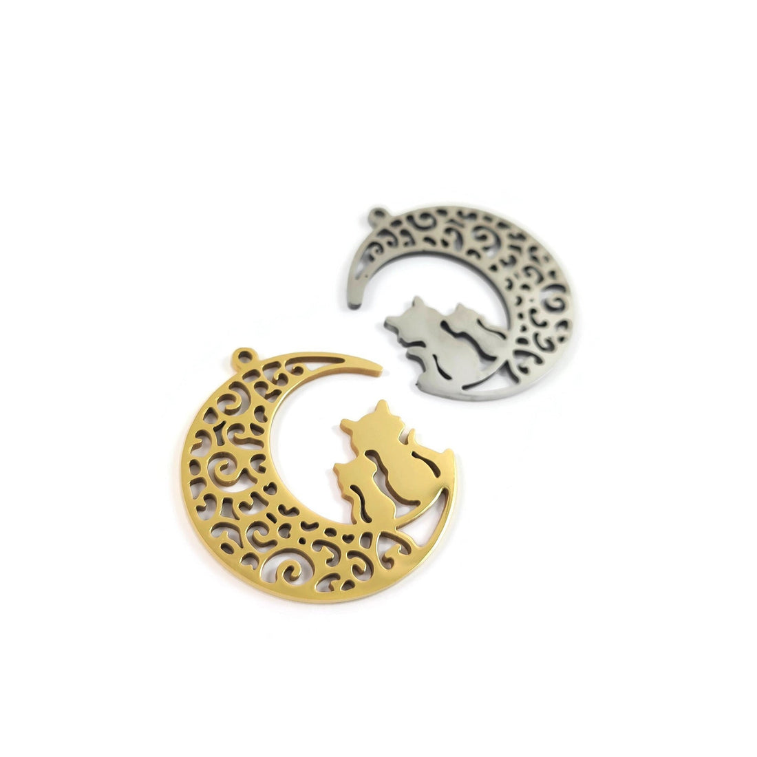 Cat and moon pendant, Stainless steel hypoallergenic, DIY celestial necklace pendant