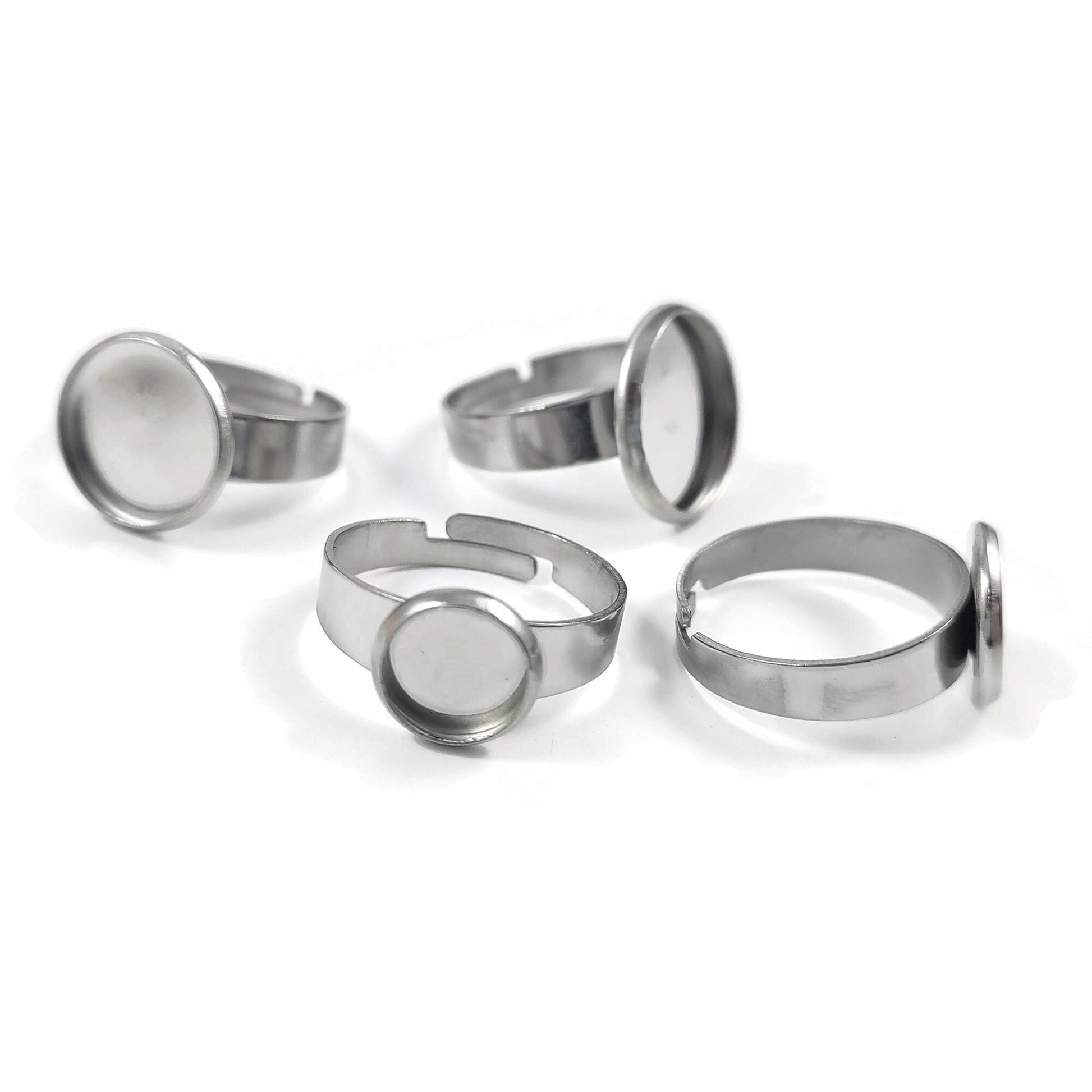 Stainless steel adjustable rings round cabochon settings (fits 8mm, 10mm, 12mm, 14mm) Hypoallergenic jewelry findings