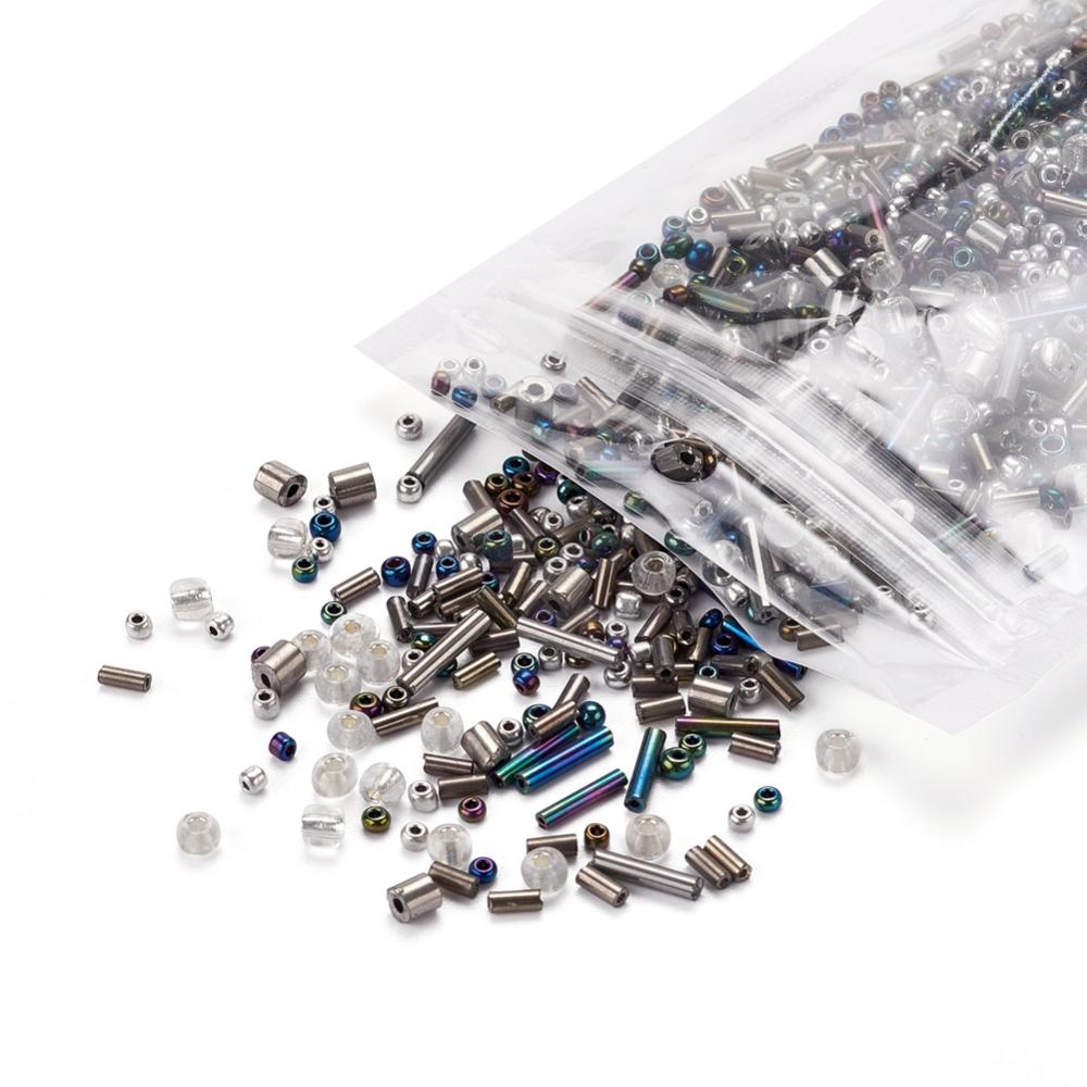 Grey glass seed bead grab bag, Mixed shapes