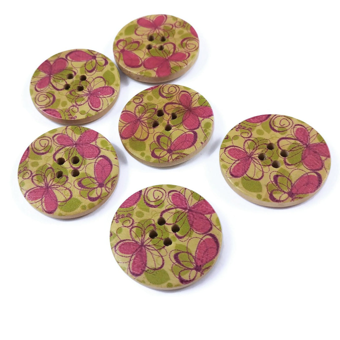 Bouton de bois avec motif floral vert et rose fushia de 3cm - ensemble de 6 boutons boutons de bois naturel