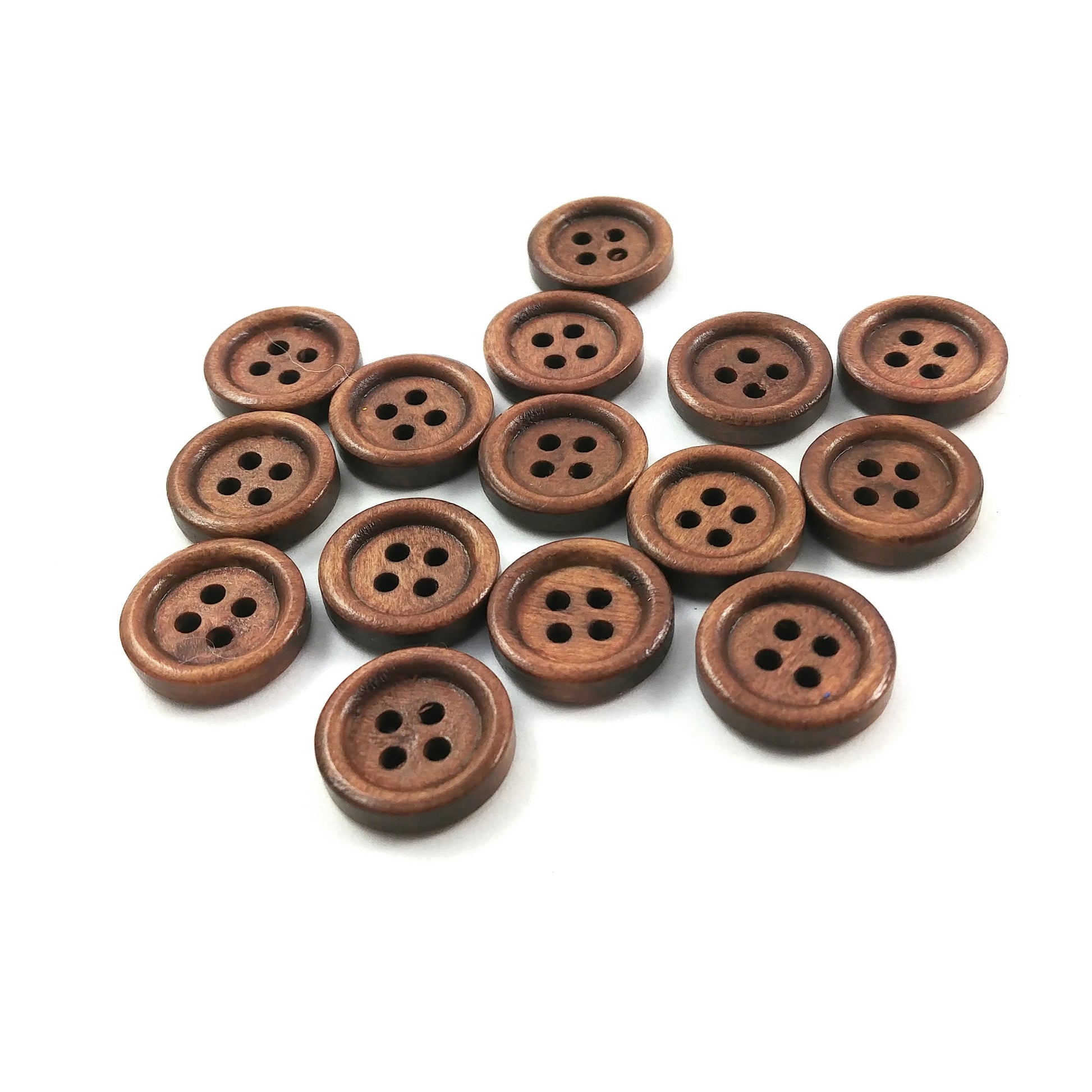 Bouton de bois à 4 trous en bois naturel brun de 15mm - ensemble de 15