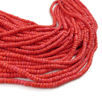 Coral red coconut beads - Wood rondelle disk beads 5mm