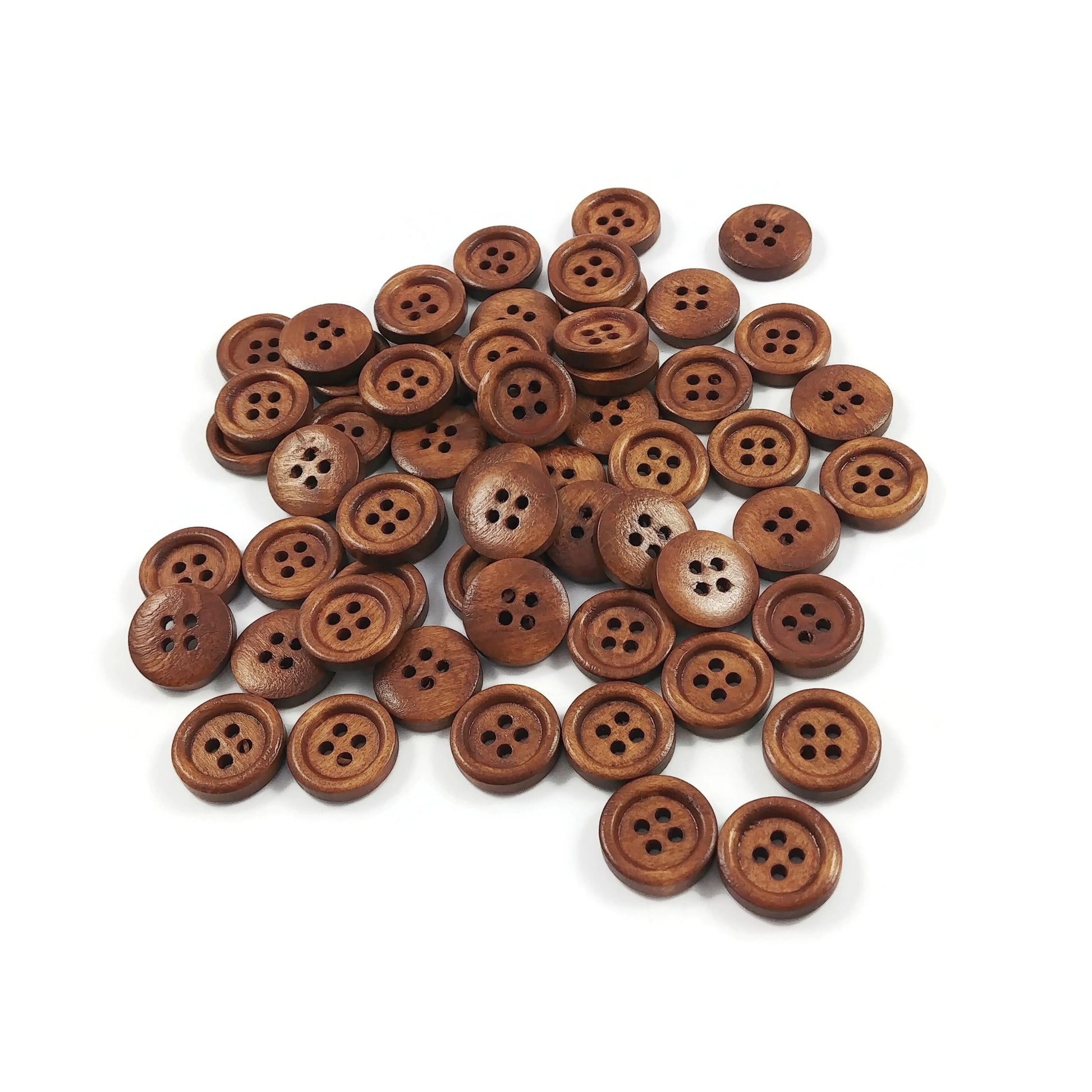 Boutons de bois marron foncé à 4 trous en bois naturel de 15mm - ensemble de 60