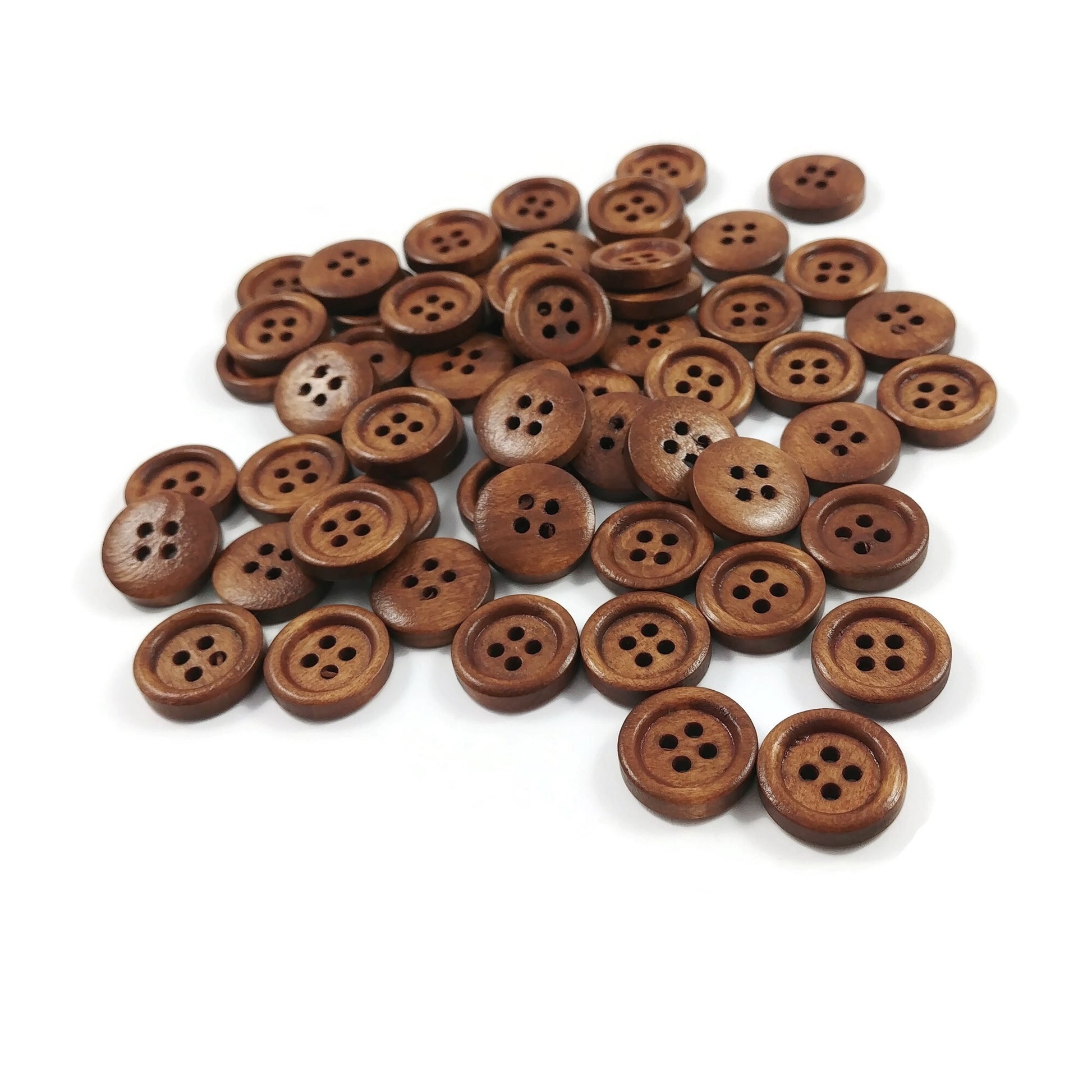 Boutons de bois marron foncé à 4 trous en bois naturel de 15mm - ensemble de 60