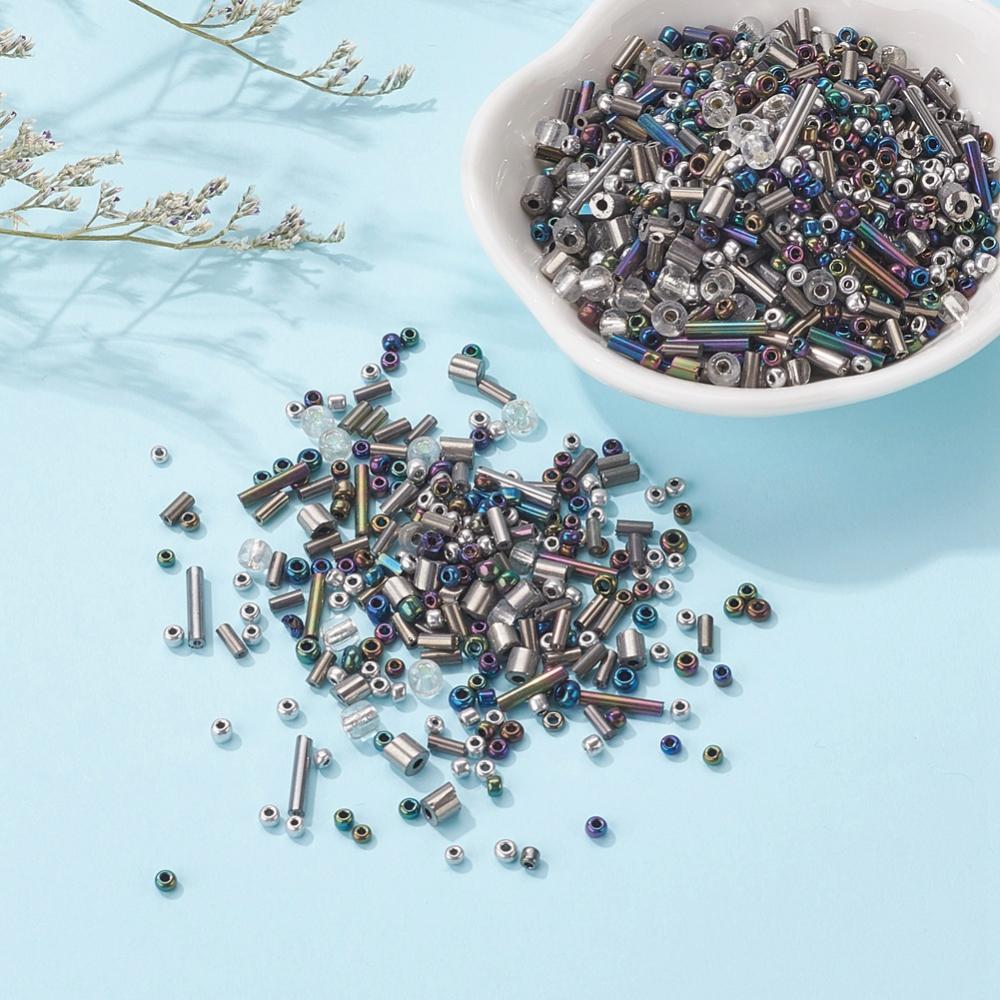 Grey glass seed bead grab bag, Mixed shapes