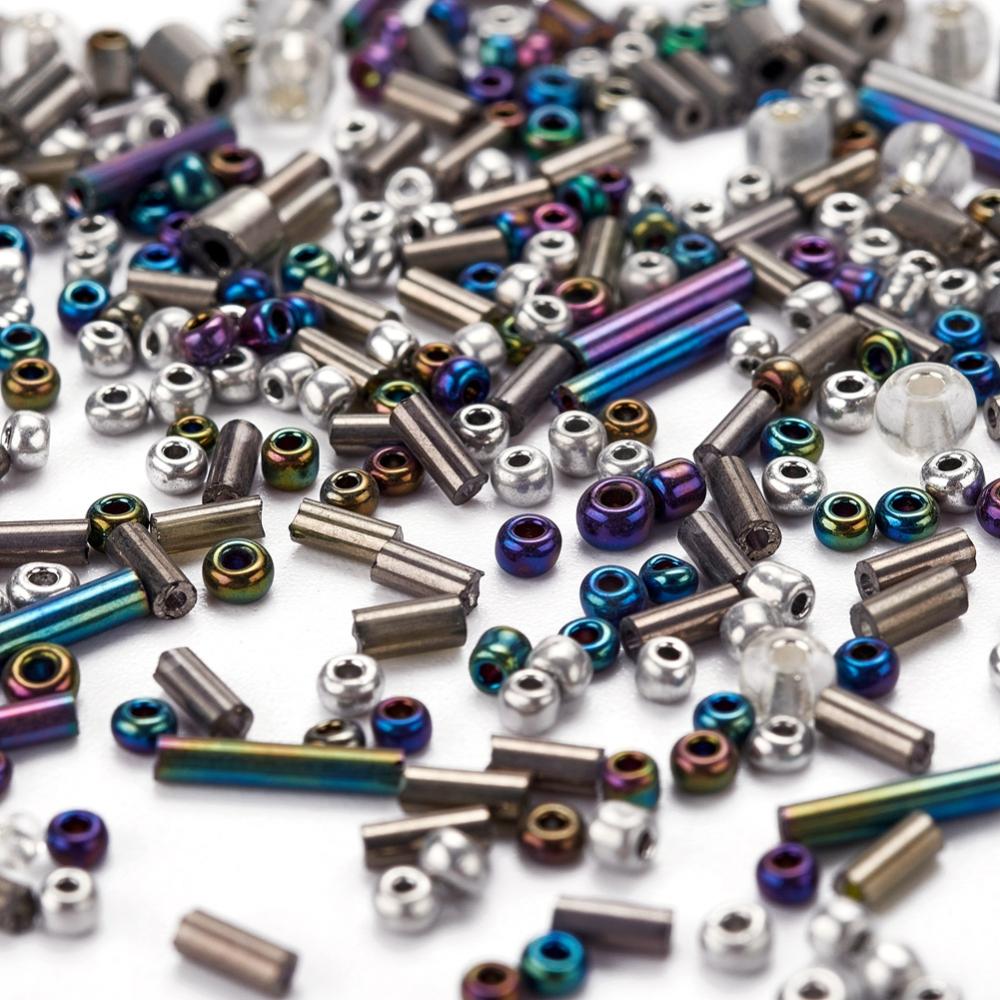 Grey glass seed bead grab bag, Mixed shapes