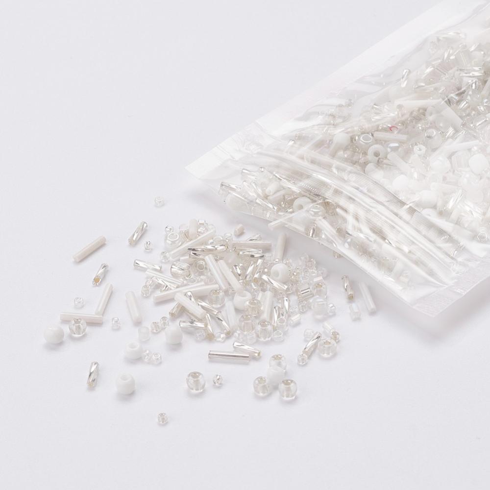 Perles de rocaille en verre - BLANC - Assortiment de formes et grandeurs