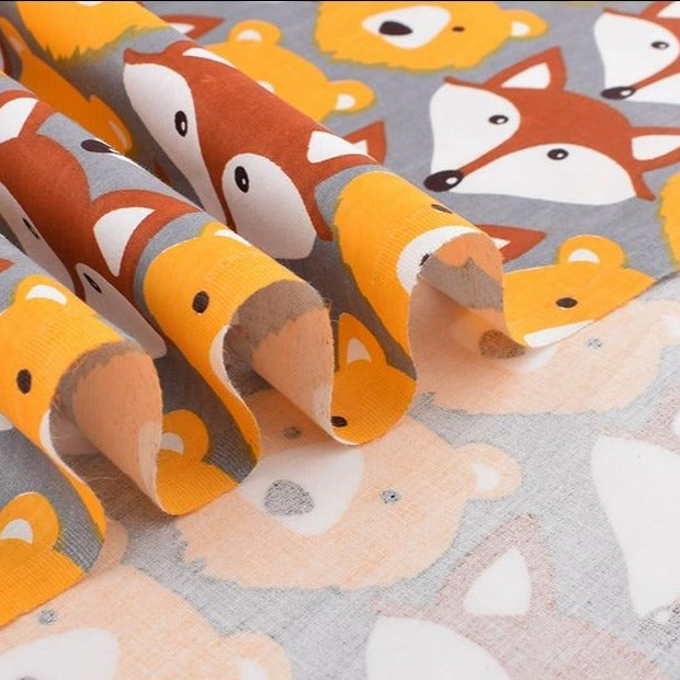 8pcs Printed Twill Cotton Fabric - Fox and Bear Patterns