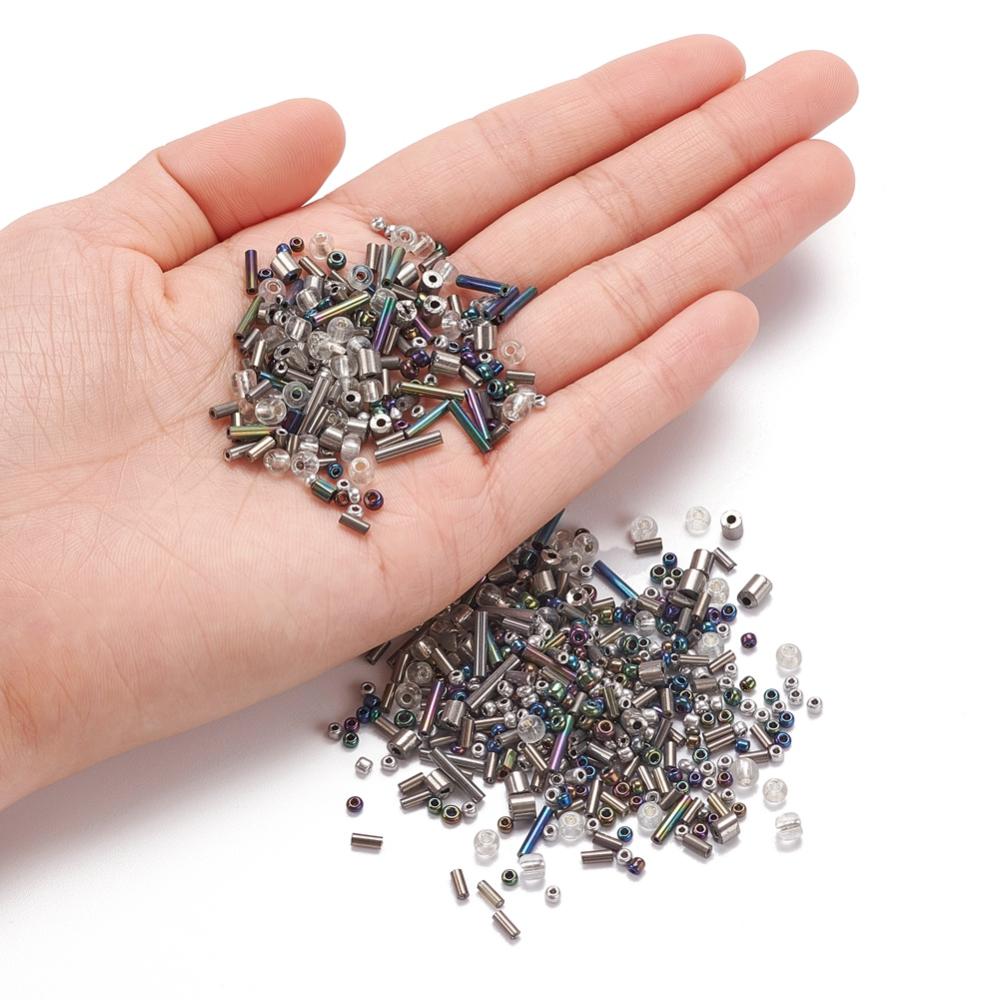Grey glass seed bead grab bag, Mixed shapes