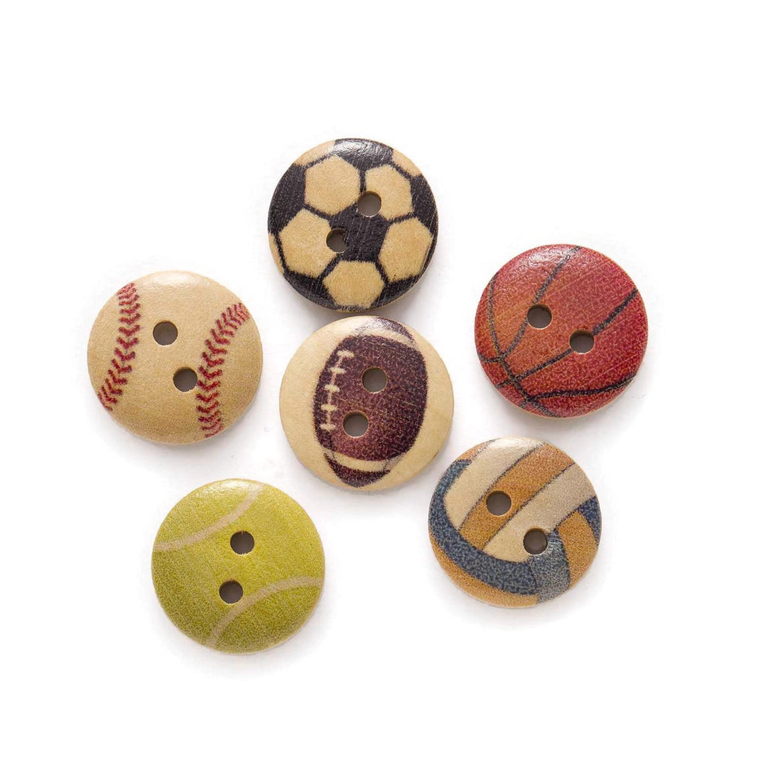 12 boutons de bois peint avec un motif sports de balle 15mm