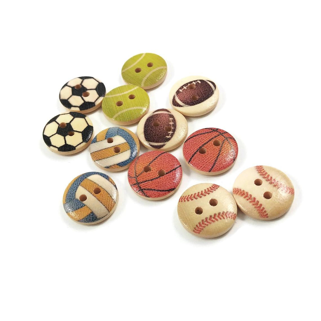 12 boutons de bois peint avec un motif sports de balle 15mm