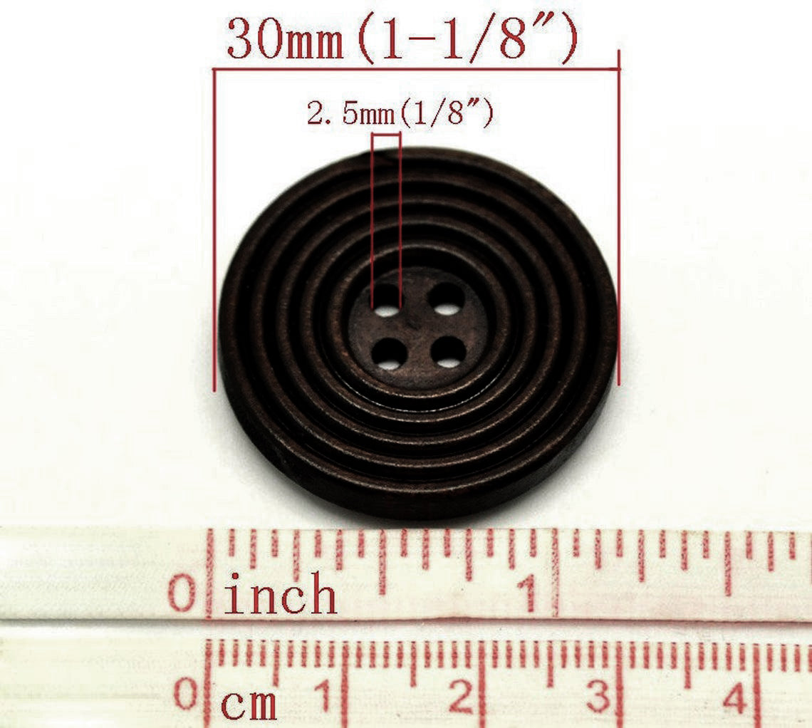 Dark coffee brown Wooden Sewing Buttons 30mm - set of 6 natural circle wood button