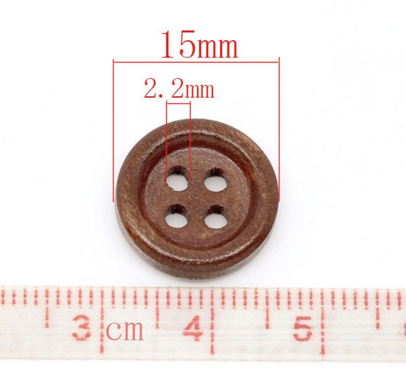 Boutons de bois marron foncé à 4 trous en bois naturel de 15mm - ensemble de 60