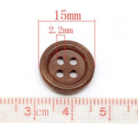 Boutons de bois marron foncé à 4 trous en bois naturel de 15mm - ensemble de 60