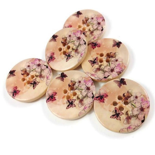 Bouton de bois avec motif floral - ensemble de 6 boutons de 3cm