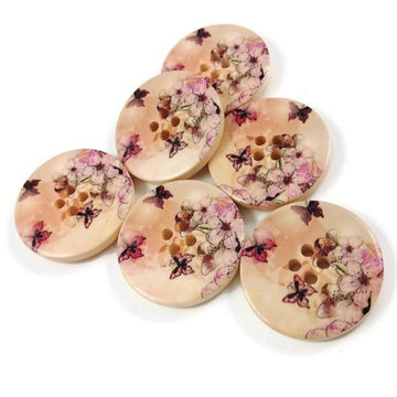 Bouton de bois avec motif floral - ensemble de 6 boutons de 3cm