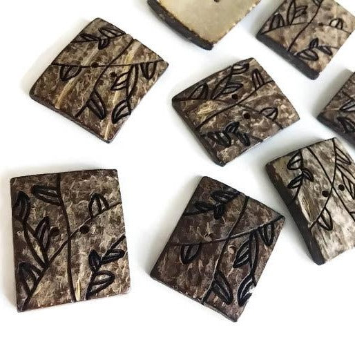 Gros boutons rectangles en bois de coco naturel sculpté - Ensemble de 2