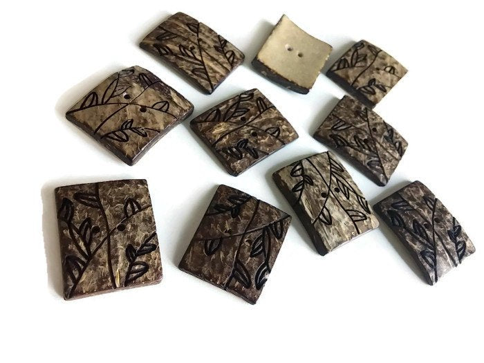 Gros boutons rectangles en bois de coco naturel sculpté - Ensemble de 2