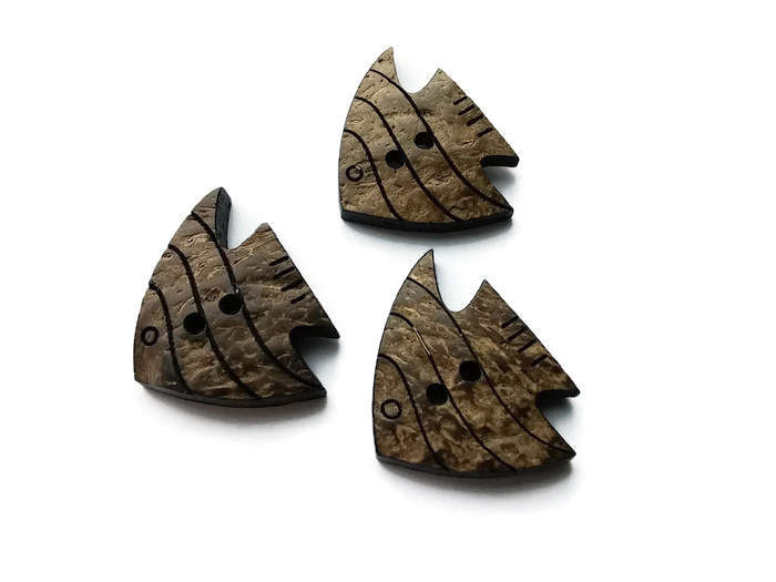 Fish coconut button set of 3 large natural carved button