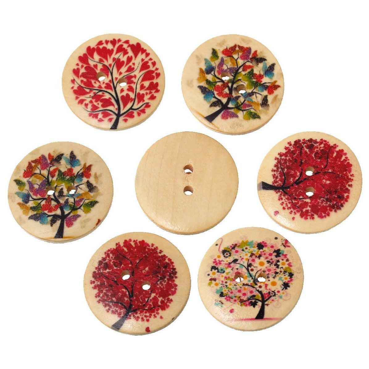 6 Boutons Arbres couleurs variées - lot de boutons en bois 30mm