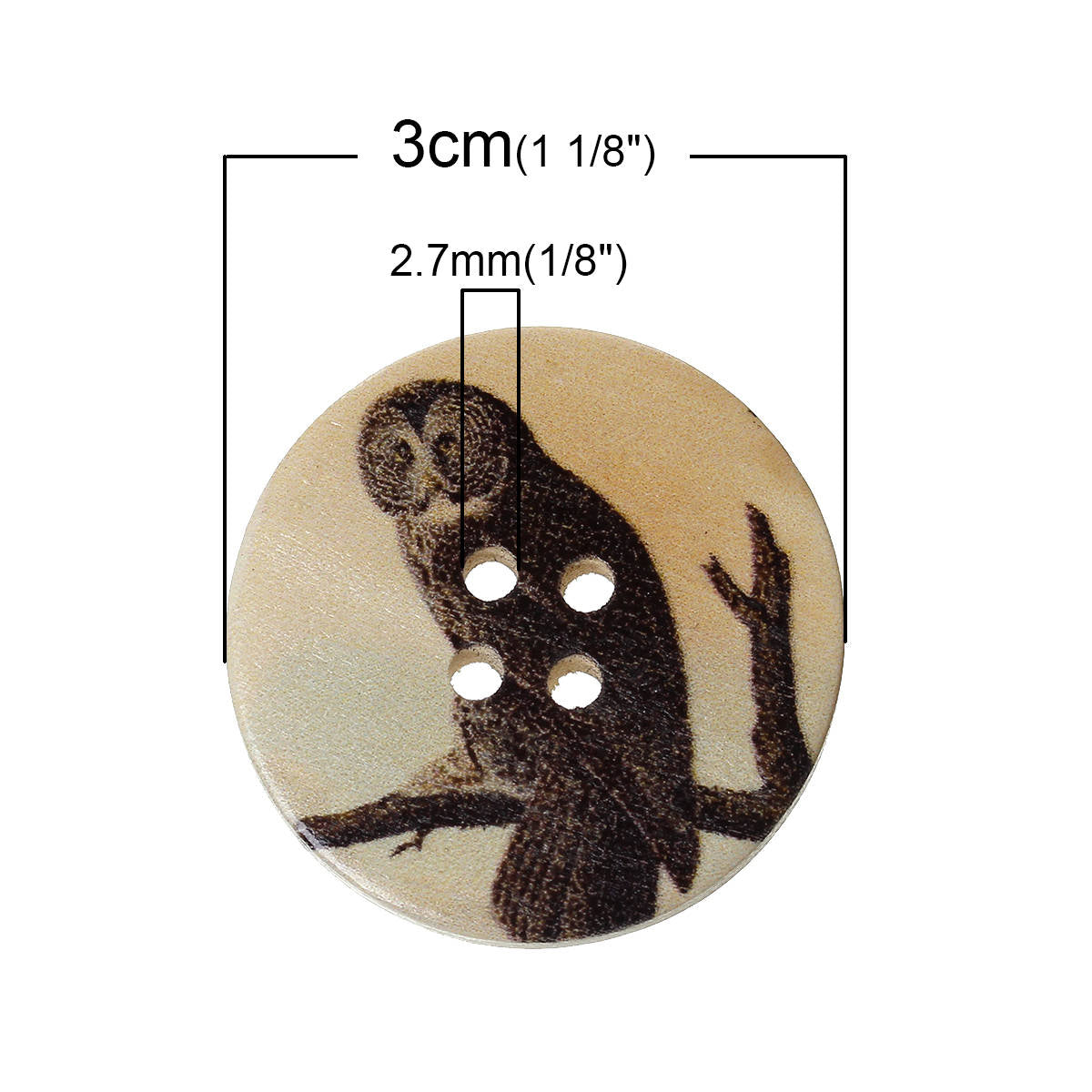 6 Boutons Hiboux couleurs variées - lot de boutons en bois 30mm