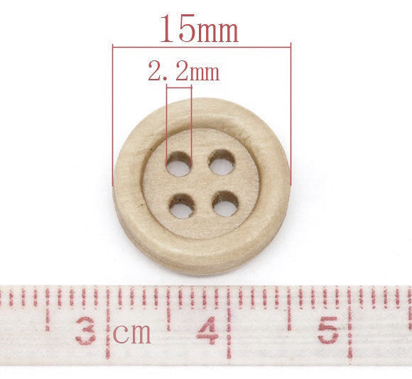 Boutons de bois à 4 trous en bois naturel de 15mm - ensemble de 60