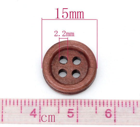 Wholesale Wooden button - Brown 4 Holes Wood Sewing Buttons 15mm - set of 60