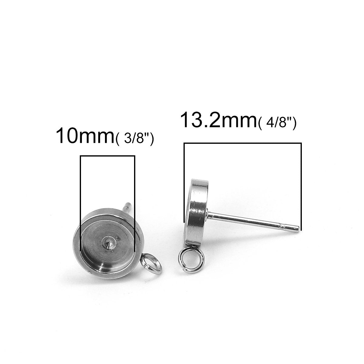 10 Stainless steel ear stud cabochon settings with loops - fits 6, 8 or 10mm cabochons