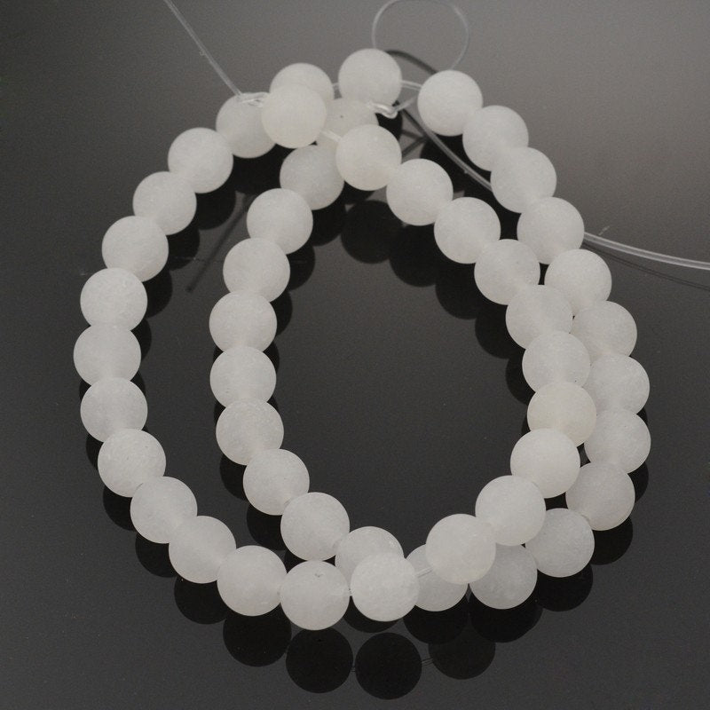 Perles de Jade Naturel, Blanches, Givrées, Rondes, 6 ou 8mm