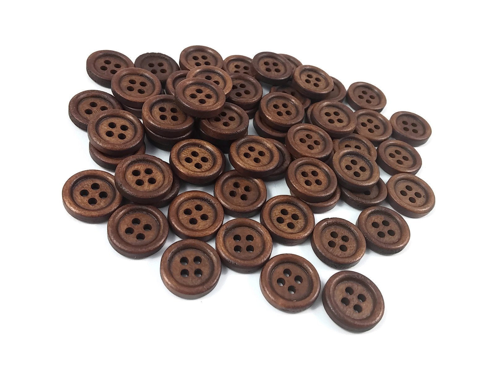 Wholesale Wooden button - Brown 4 Holes Wood Sewing Buttons 15mm - set of 60