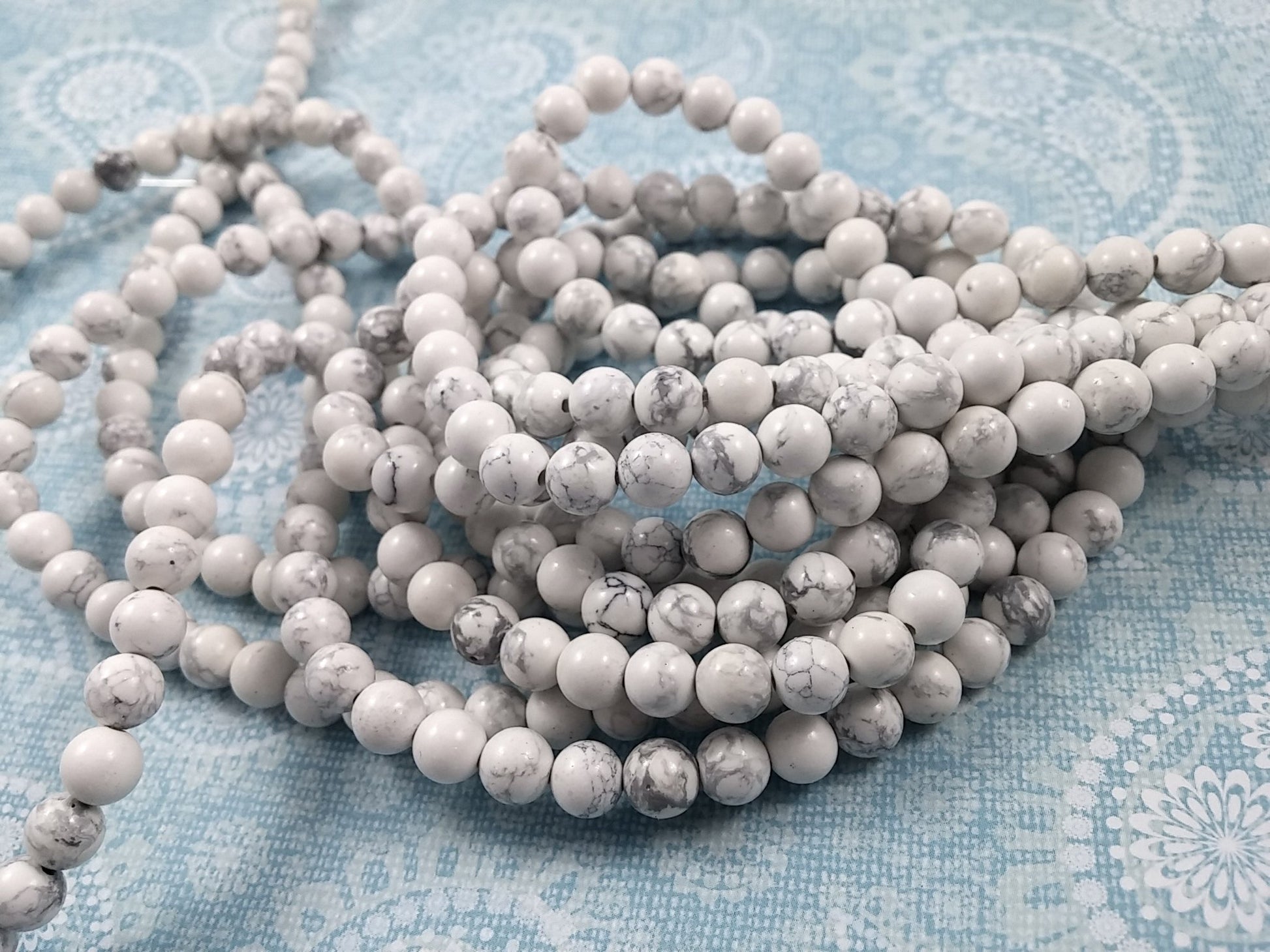 White Marbled Howlite Stone Beads Strand; 4, 6, or 8mm Round