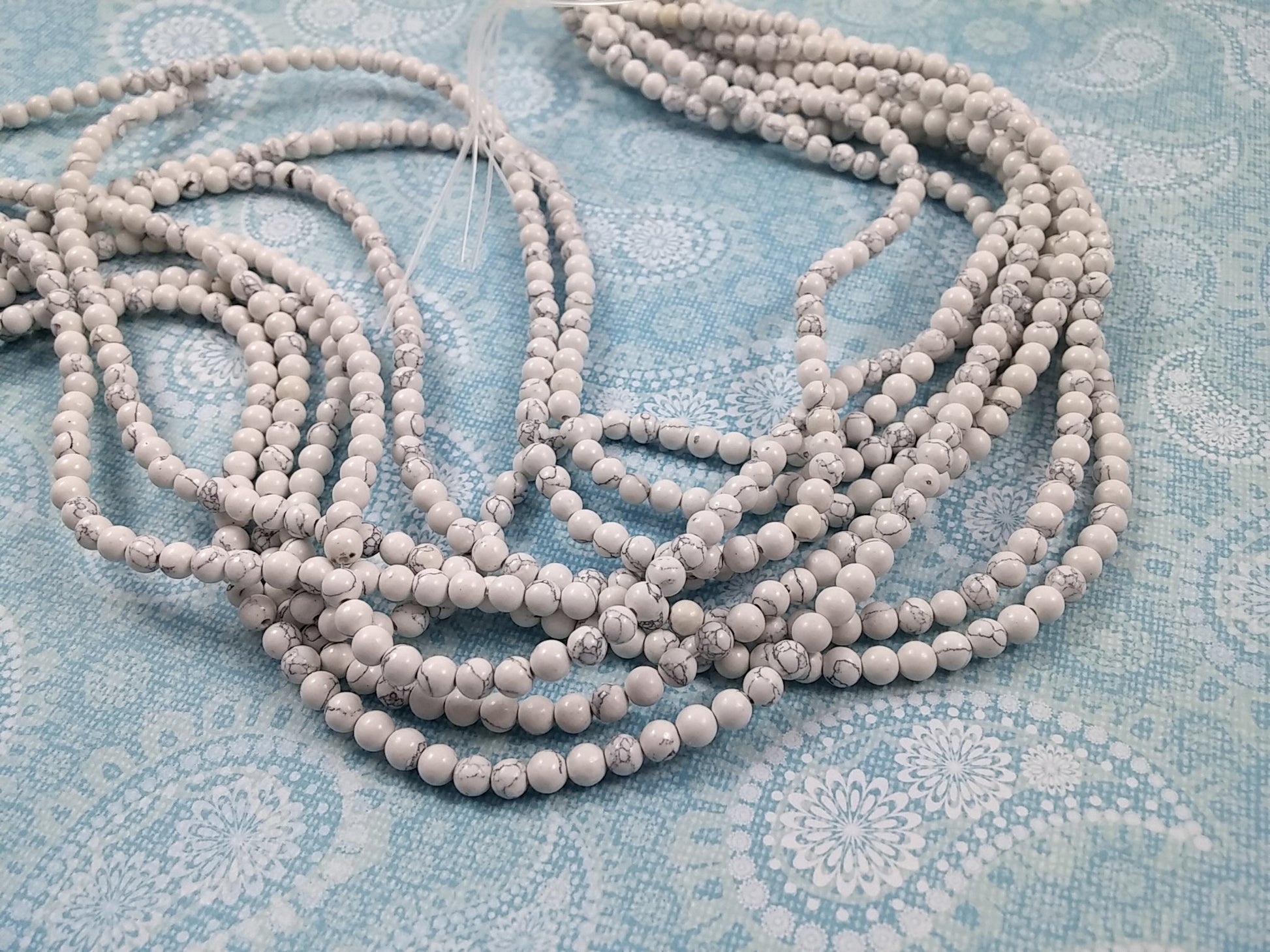 White Marbled Howlite Stone Beads Strand; 4, 6, or 8mm Round