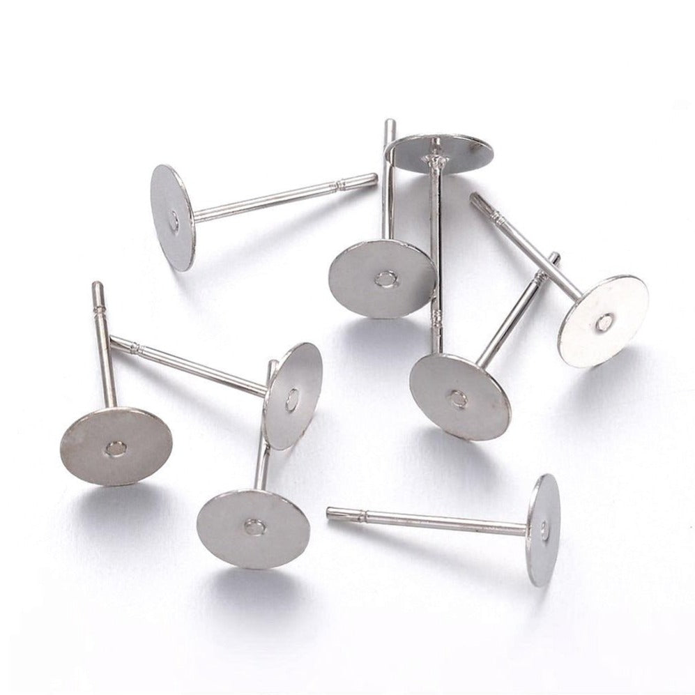 50 Tiges pour boucle d'oreille avec plaque de 6mm, 8mm
