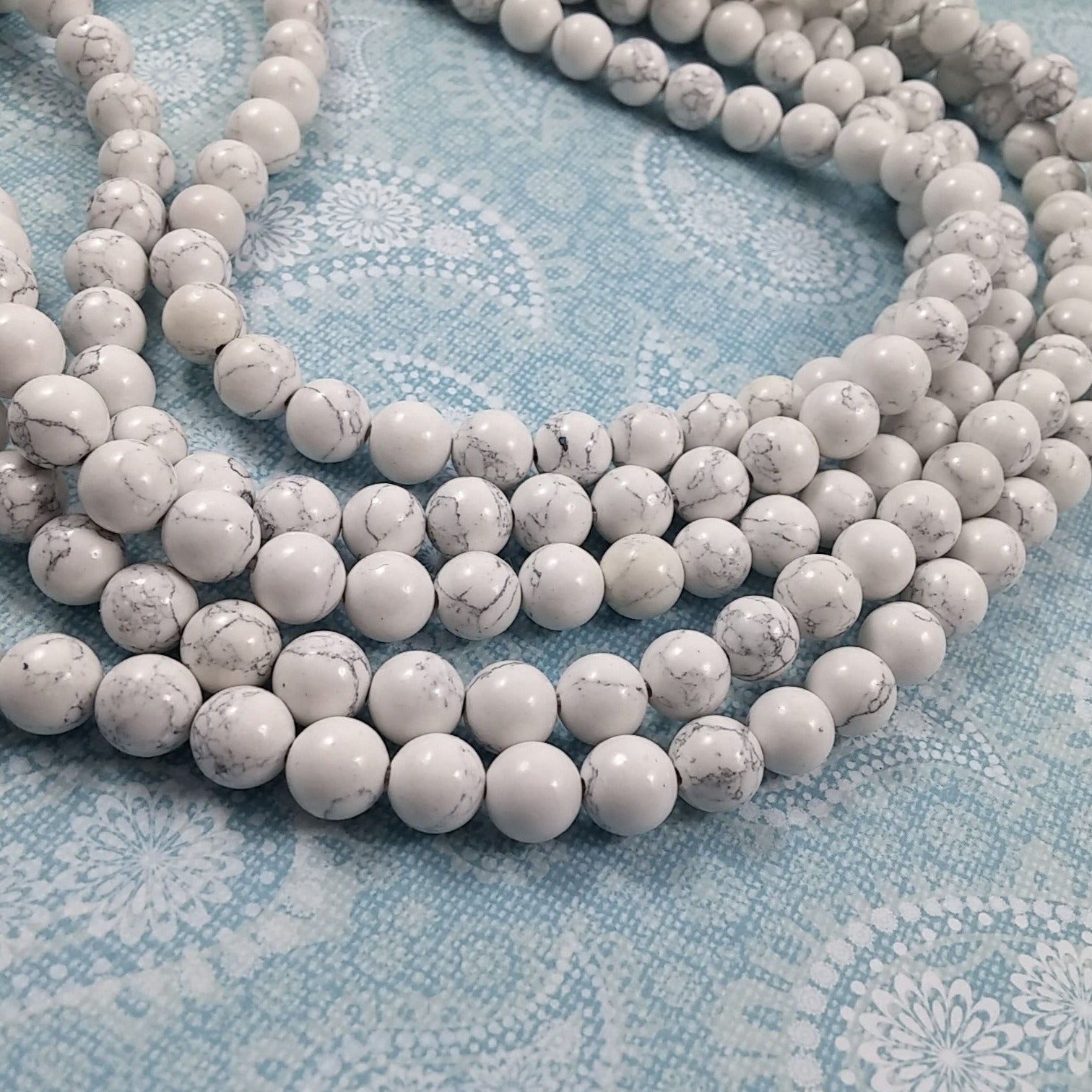 White Marbled Howlite Stone Beads Strand; 4, 6, or 8mm Round
