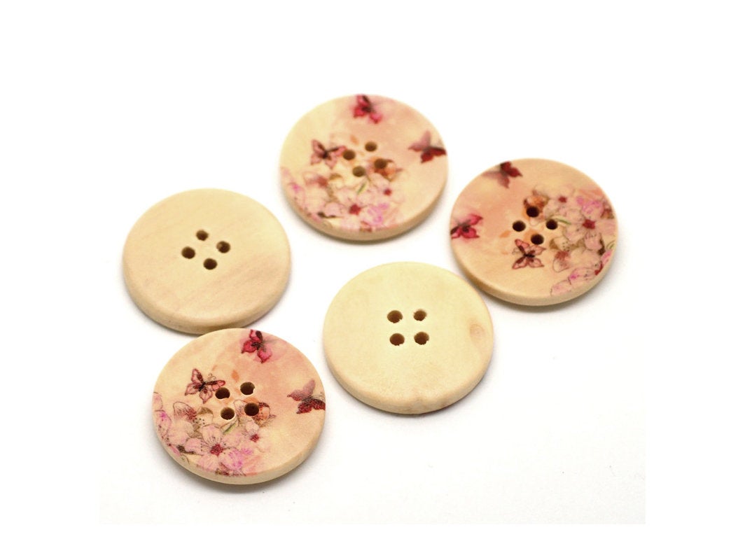 Bouton de bois avec motif floral - ensemble de 6 boutons de 3cm