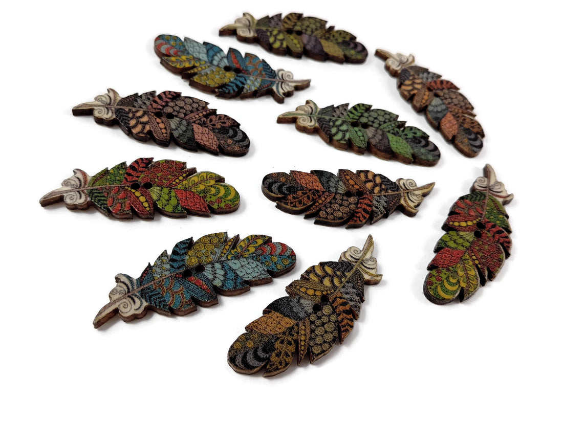 Boho feather wood sewing buttons - 6 Mixed Patterns scrapbooking buttons