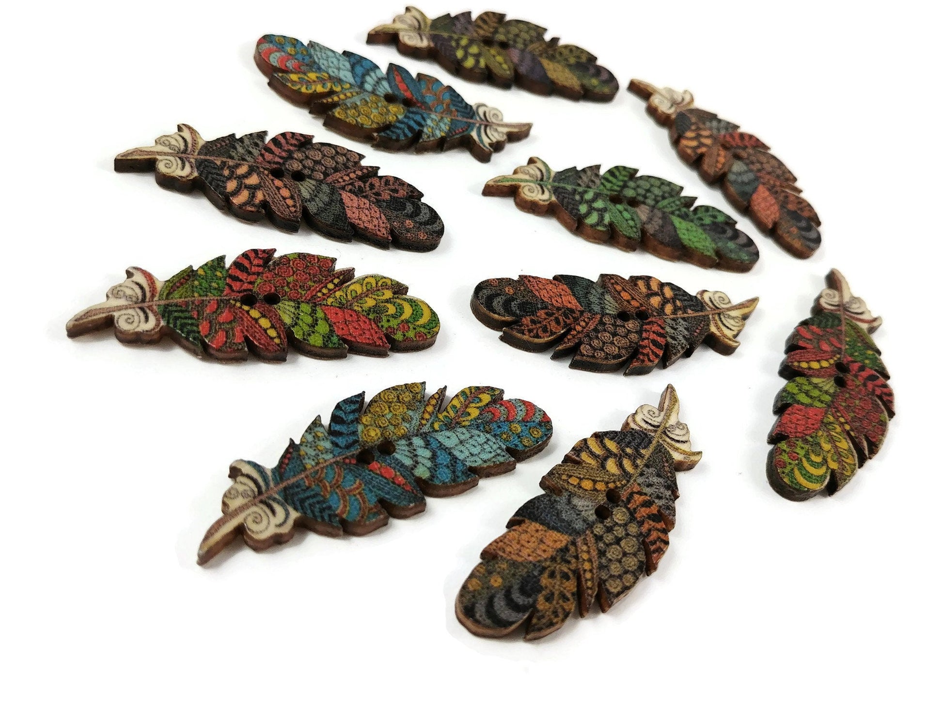 Boho feather wood sewing buttons - 6 Mixed Patterns scrapbooking buttons