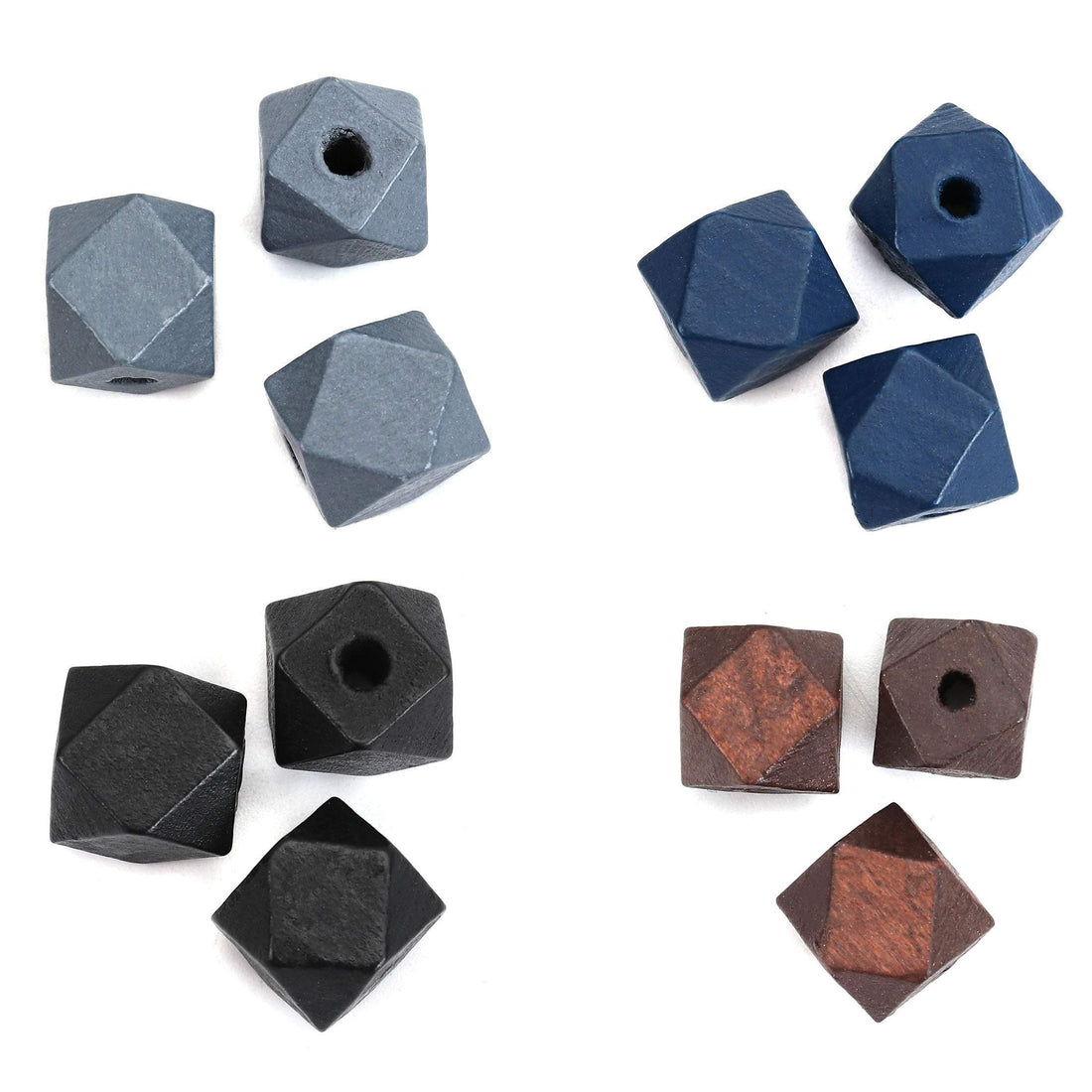 10 Faceted hexagon wood beads 12mm - Gray, blue, black and brown
