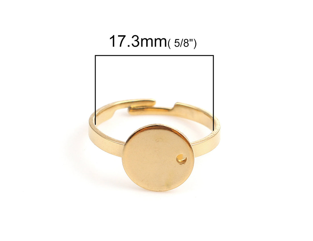 Gold stainless steel adjustable rings round 10mm settings - Hypoallergenic
