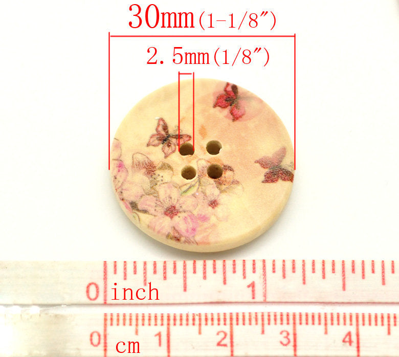 Bouton de bois avec motif floral - ensemble de 6 boutons de 3cm