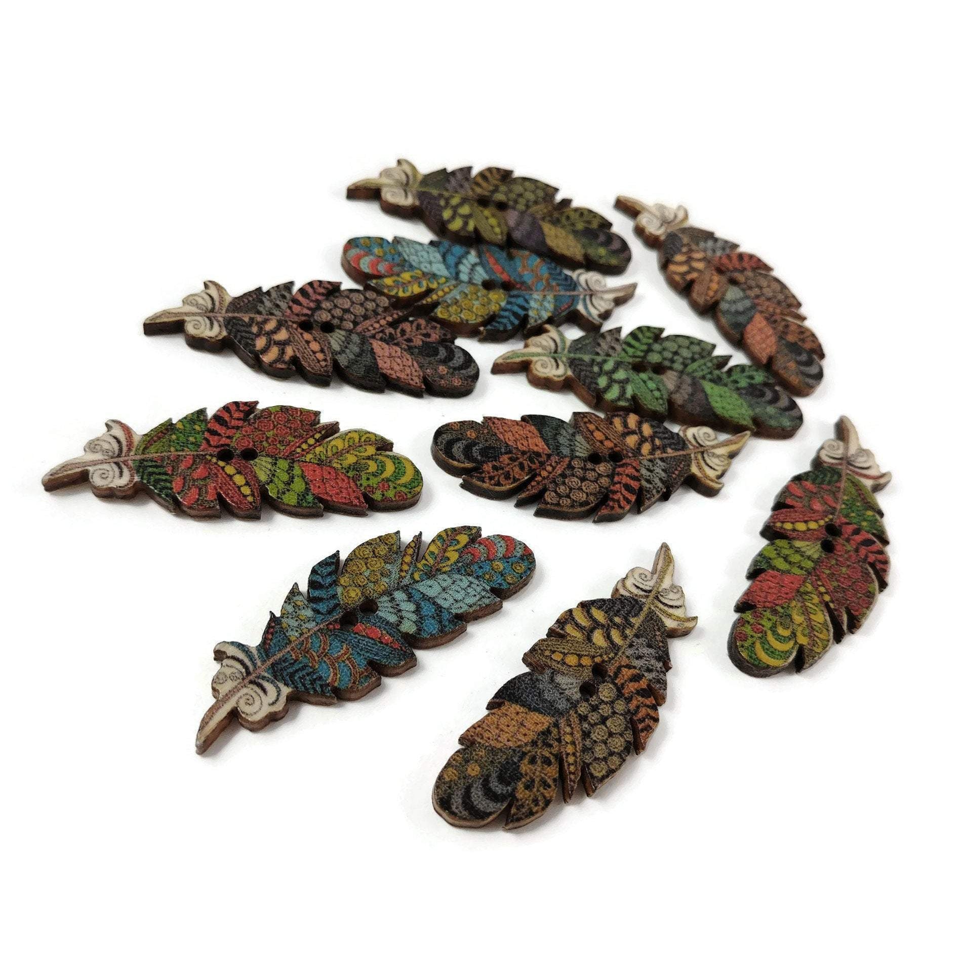 6 Boutons plumes bohos couleurs variées - lot de boutons en bois 40mm
